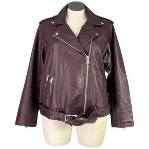 Levis Moto Jacket Womens 3X Burgundy Red Faux Leather Belted Hem Long Sleeve NEW